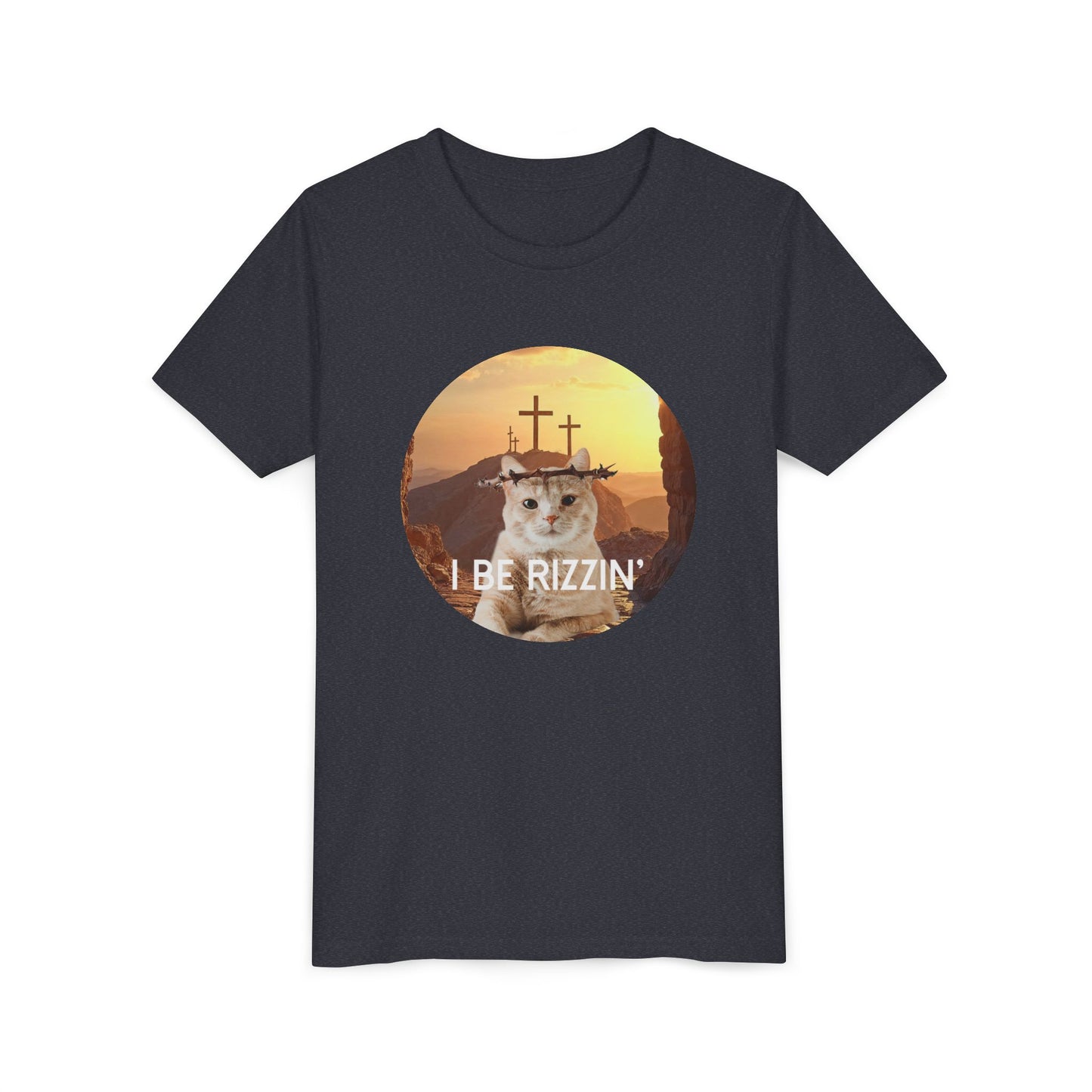 Funny Youth Short Sleeve Tee - 'I Be Rizzin'' Cat Tee for Kids