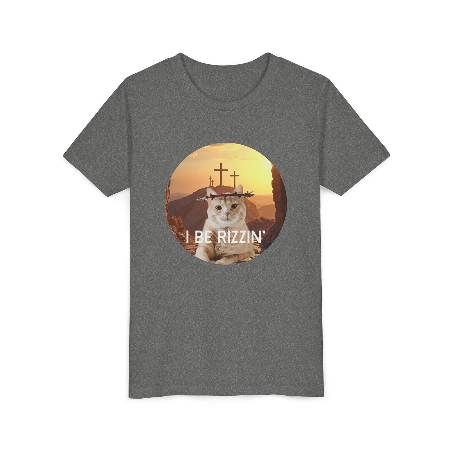 Funny Youth Short Sleeve Tee - 'I Be Rizzin'' Cat Tee for Kids