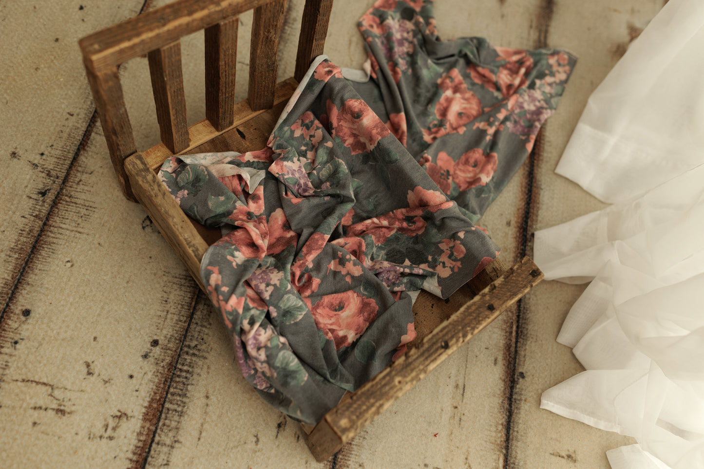 Faded denim/pink/green floral stretch wrap