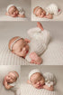 Newborn sleeping on off-white textured knit posing fabric with matching romper, bonnet, and headband set.