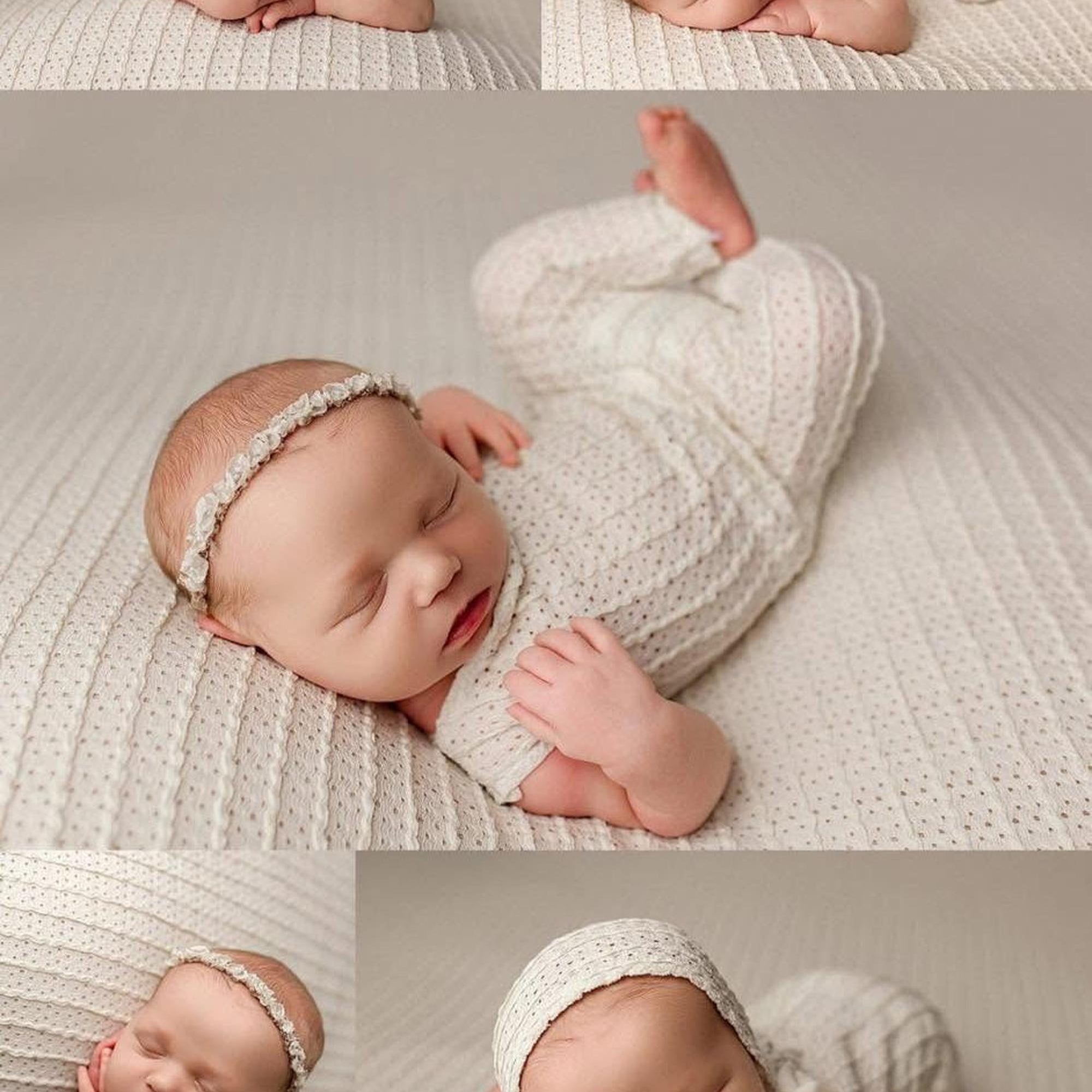 Newborn sleeping on off-white textured knit posing fabric with matching romper, bonnet, and headband set.