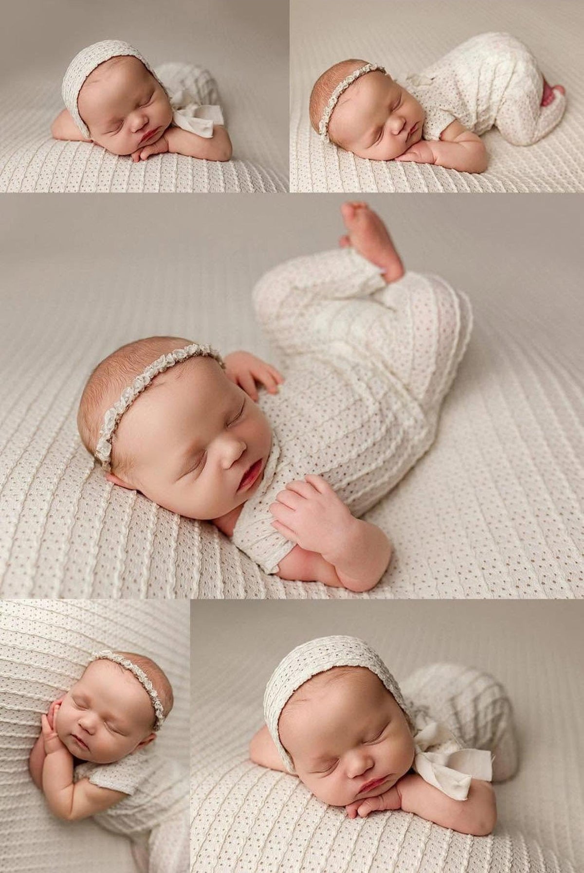 Newborn sleeping on off-white textured knit posing fabric with matching romper, bonnet, and headband set.