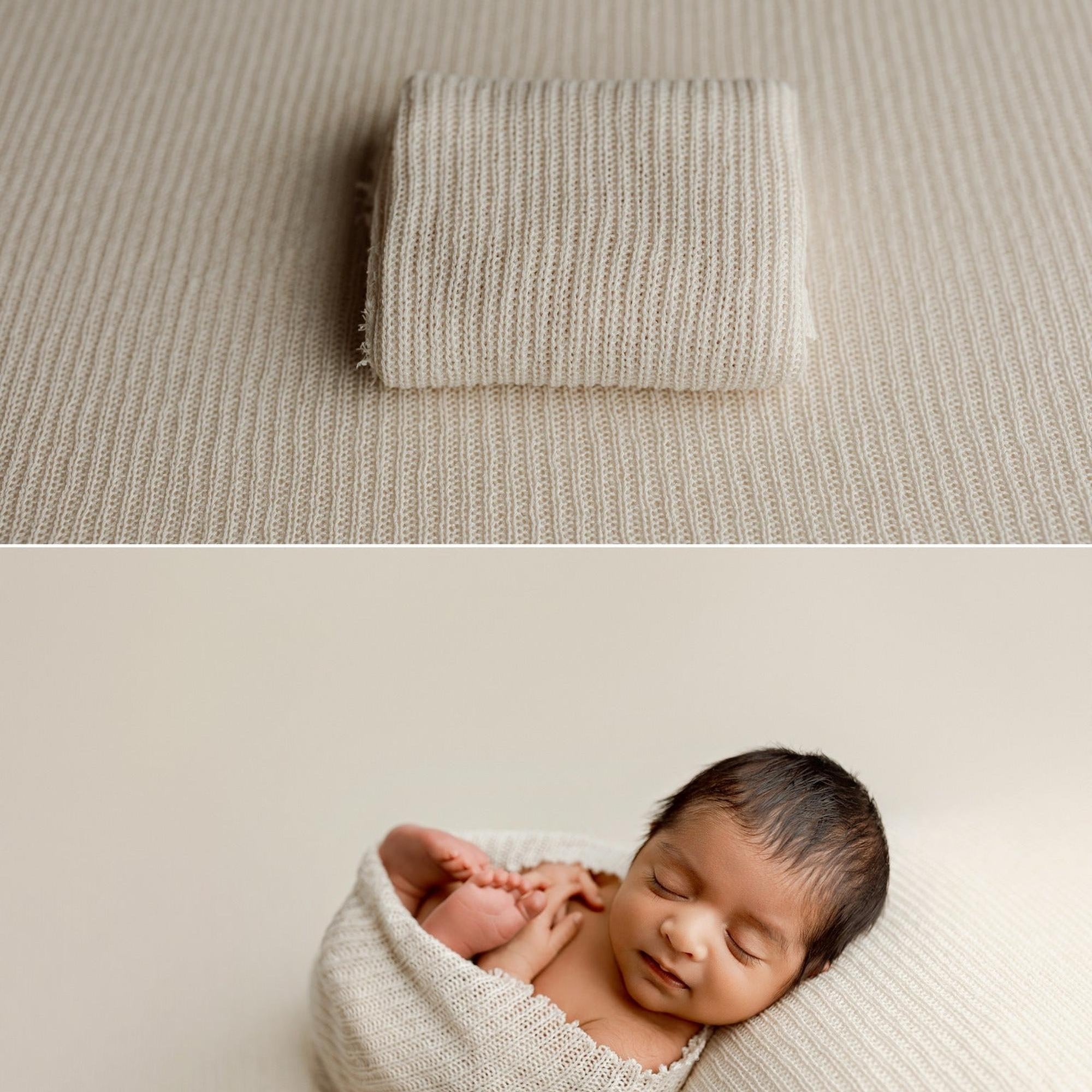 Soft, ramen-beige newborn photography wrap and posing fabric featuring a textured, open-knit design for a natural look.