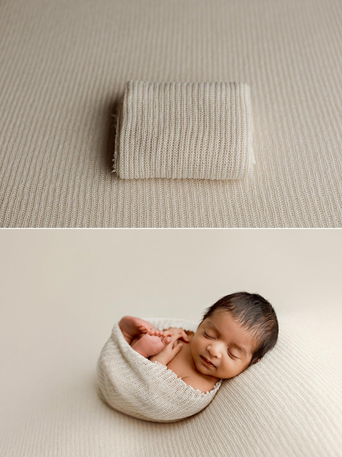 Soft, ramen-beige newborn photography wrap and posing fabric featuring a textured, open-knit design for a natural look.