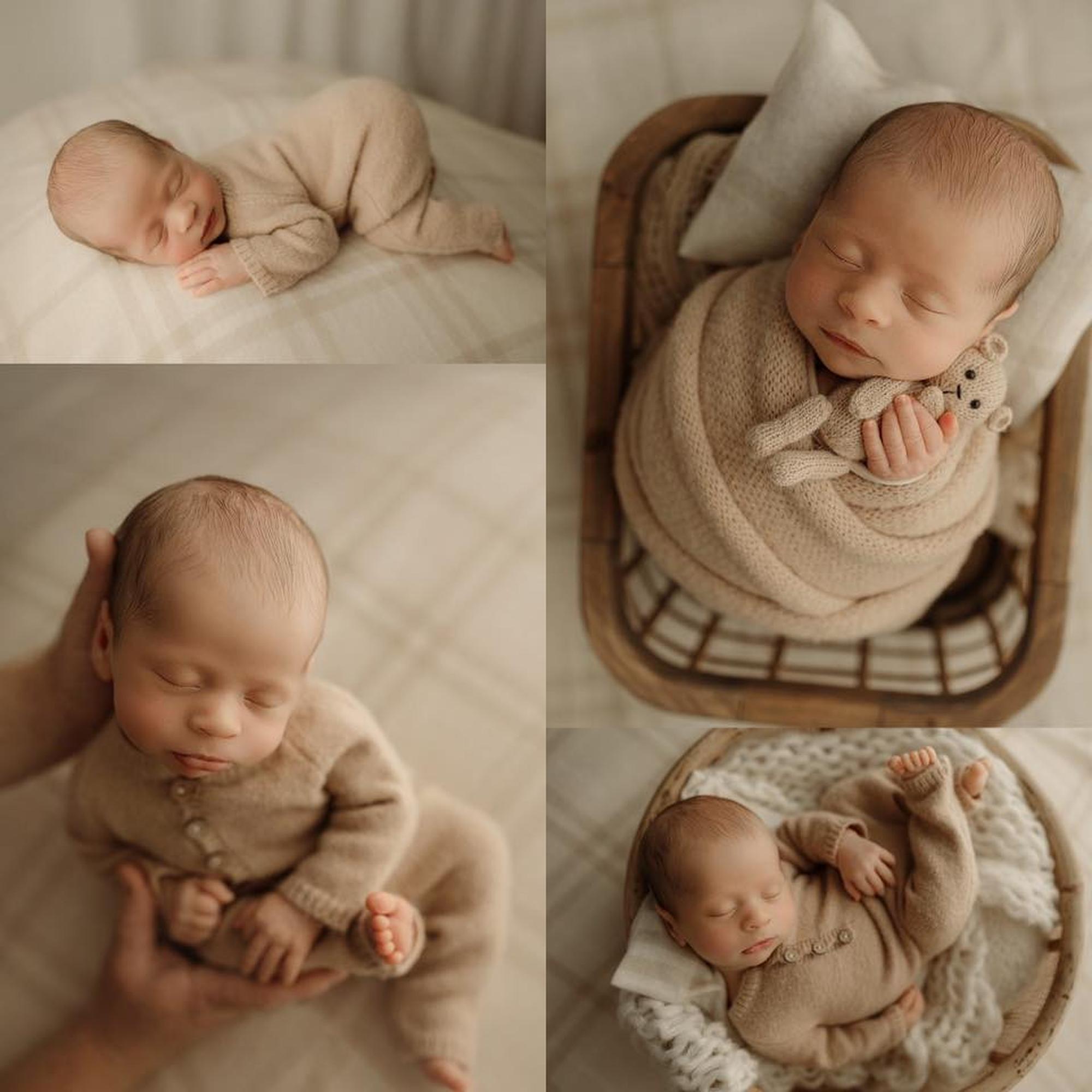 Newborn photography prop set featuring a neutral plaid fabric, soft beige knit romper, and matching textured wrap.