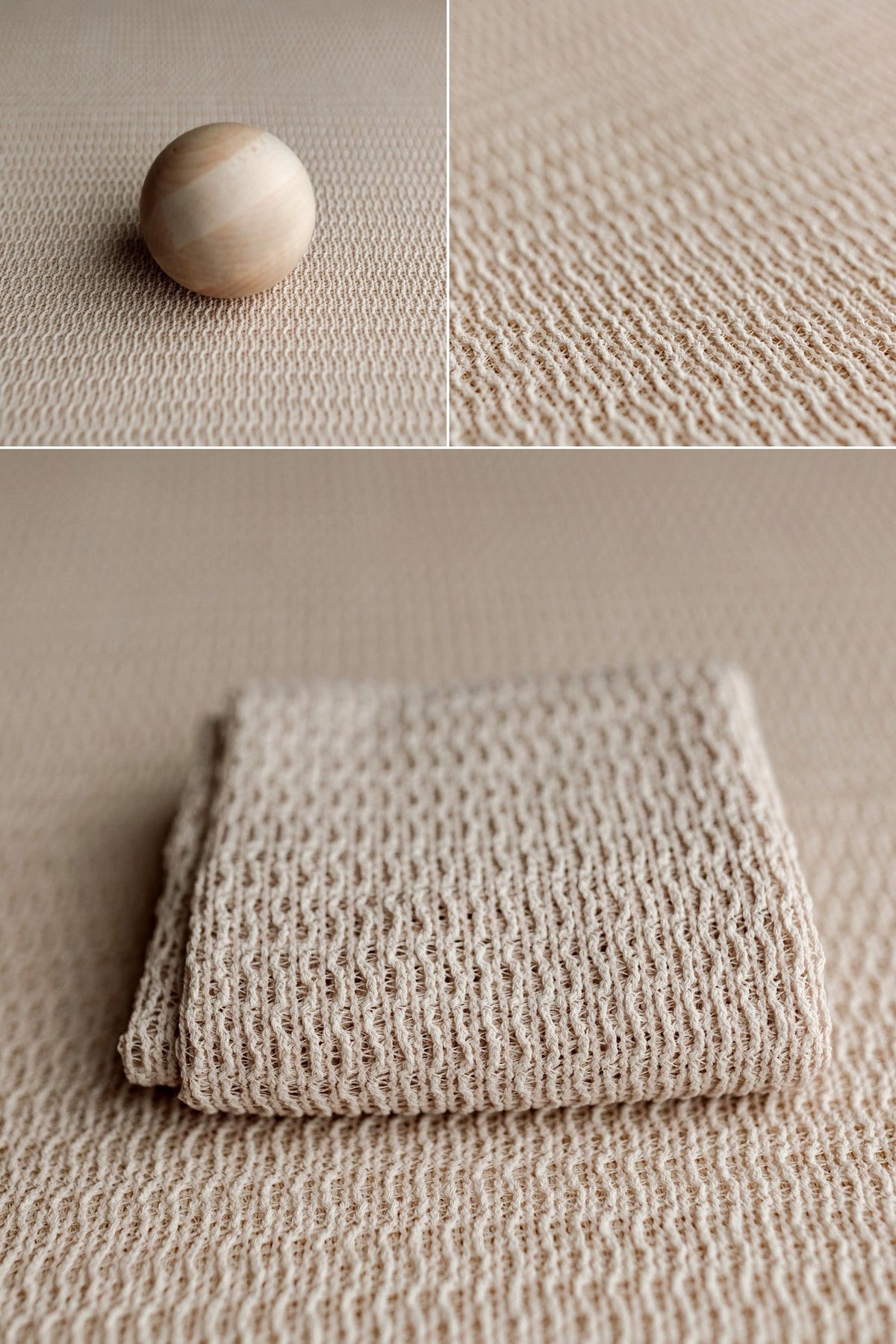 Creamy oatmeal organic fabric with a soft woven texture for newborn photography, shown folded and with a wood sphere.
