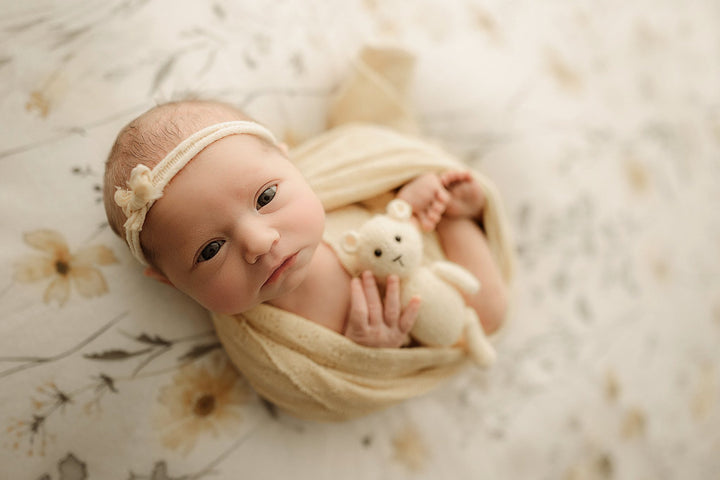 Andrena Floral Fabric Drop + Butter Yellow Knit Newborn Wrap Set