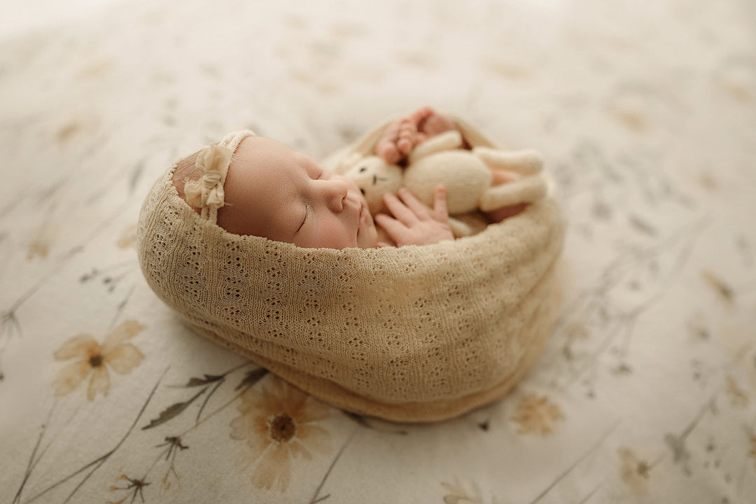 Andrena Floral Fabric Drop + Butter Yellow Knit Newborn Wrap Set