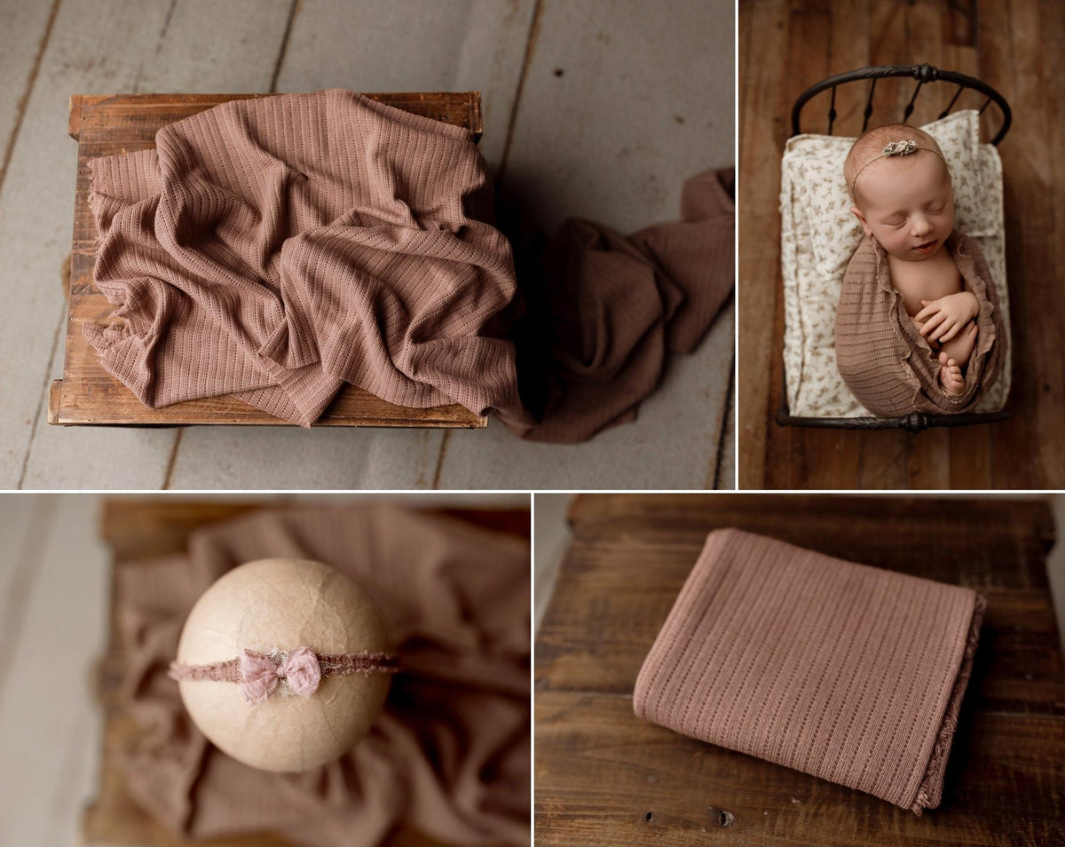 Soft brown-toned purple newborn wrap in a lightweight, textured stretch knit fabric for photography styling.