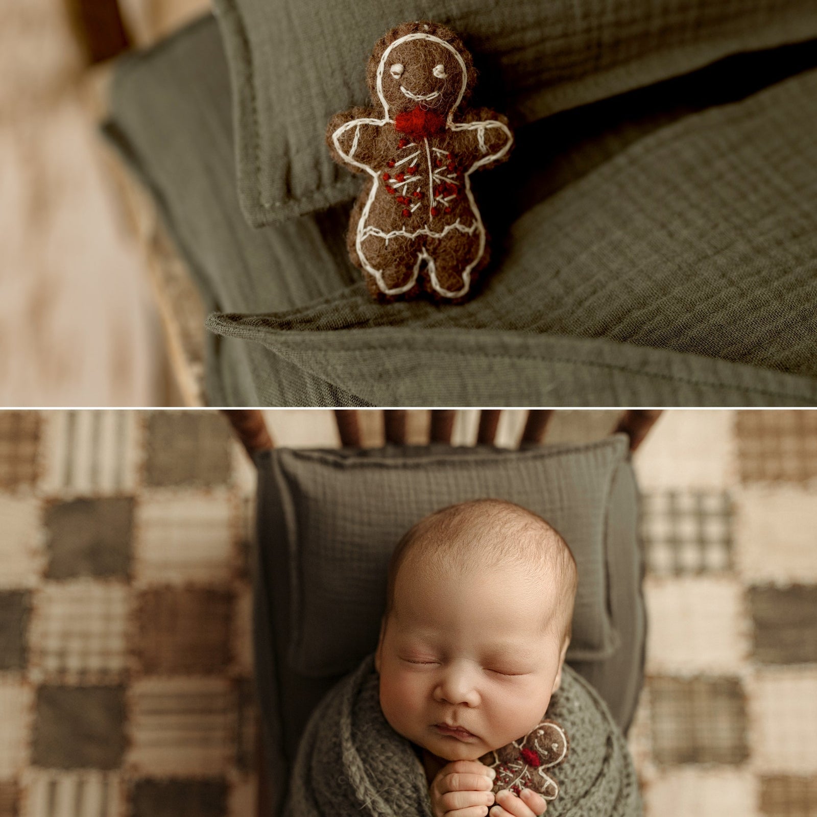 Newborn baby holding a brown felted gingerbread man newborn photography lovie with white embroidered icing details and a red bow tie, perfect for Christmas newborn sessions.
