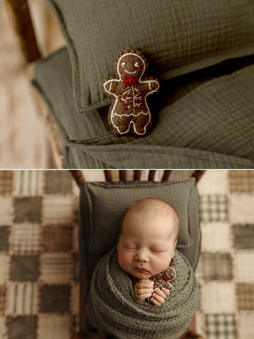 Newborn baby holding a brown felted gingerbread man newborn photography lovie with white embroidered icing details and a red bow tie, perfect for Christmas newborn sessions.