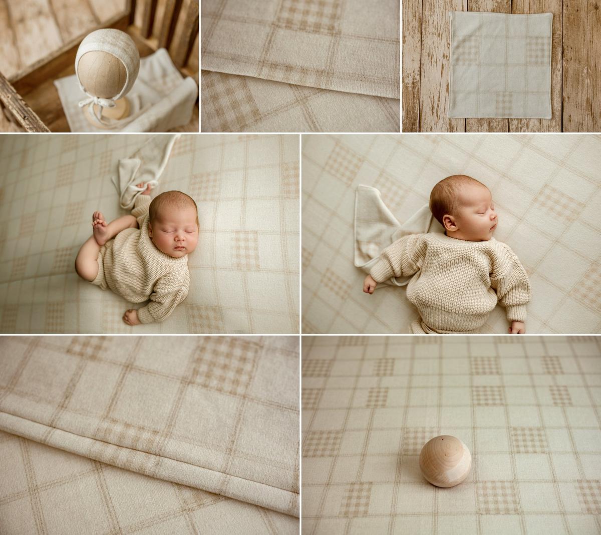 Grandpa's Twin newborn photography collection featuring beige plaid posing fabric, matching bonnet, mini blankie, coordinating knit outfit, and newborn portraits in neutral farmhouse styling.