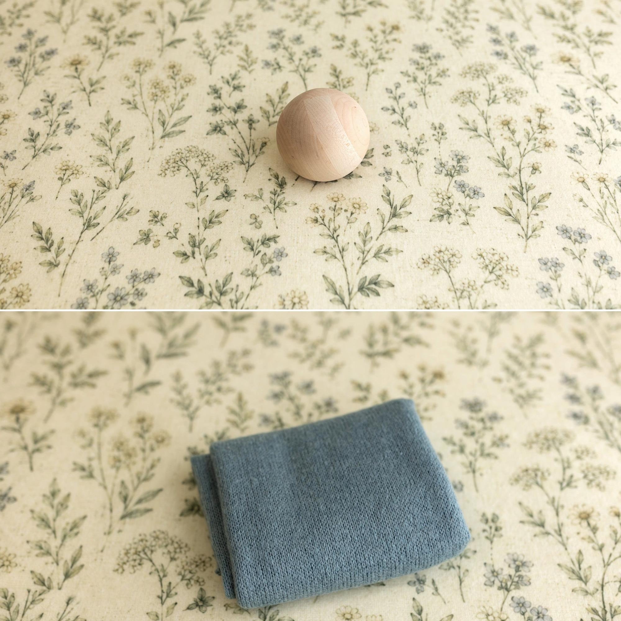 Hayden Floral newborn posing fabric with wildflowers in sage, blue, and cream, shown with a blue wrap and wooden sphere.