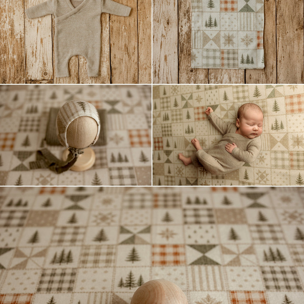 A collage of coordinated baby photography props and textiles in a neutral Christmas palette, including a knit baby romper, patterned blankets, and a baby lying on a matching quilted fabric backdrop.