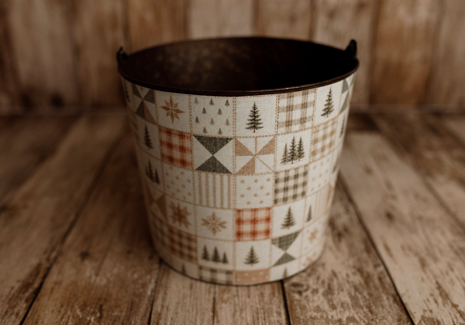 Product photo: Vintage metal newborn posing bucket featuring Home For the Holidays patchwork Christmas bucket cover with farmhouse quilt design.