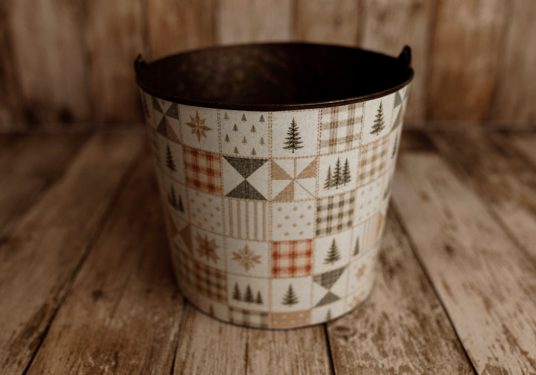 Product photo: Vintage metal newborn posing bucket featuring Home For the Holidays patchwork Christmas bucket cover with farmhouse quilt design.