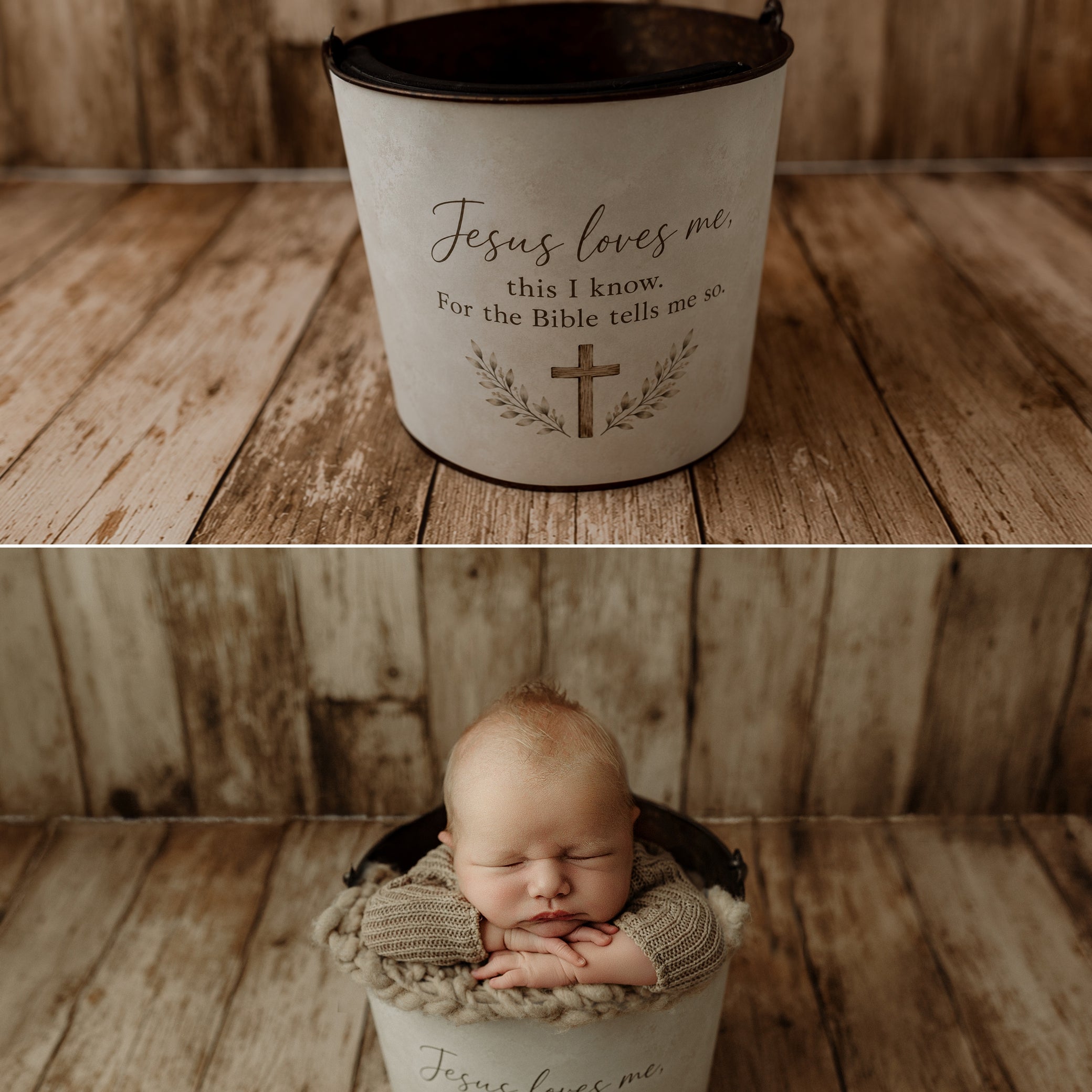 Jesus Loves Me Christian newborn photography bucket cover shown on a rustic metal posing bucket with a wooden cross, Bible verse lettering, and a sleeping newborn baby in a neutral knit outfit.