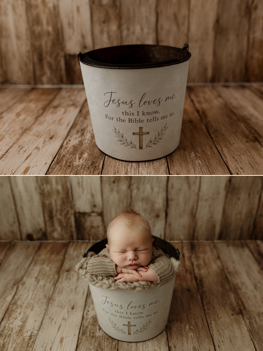 Jesus Loves Me Christian newborn photography bucket cover shown on a rustic metal posing bucket with a wooden cross, Bible verse lettering, and a sleeping newborn baby in a neutral knit outfit.
