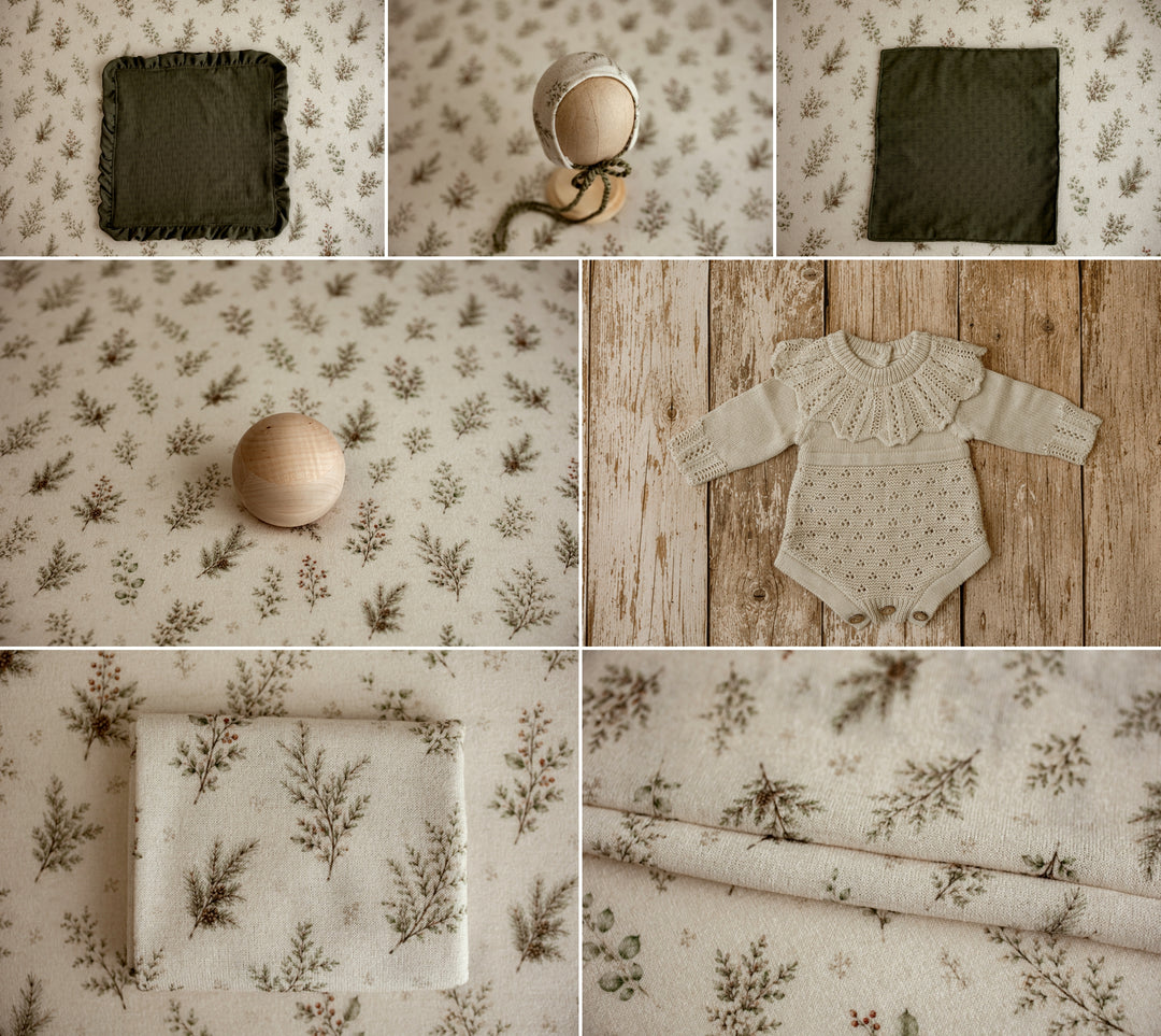 Mantle Garland Christmas newborn photography prop collection featuring evergreen floral posing fabric, coordinating wraps, bonnet, olive green mini blankies, and cream knit romper in a cozy farmhouse holiday style.