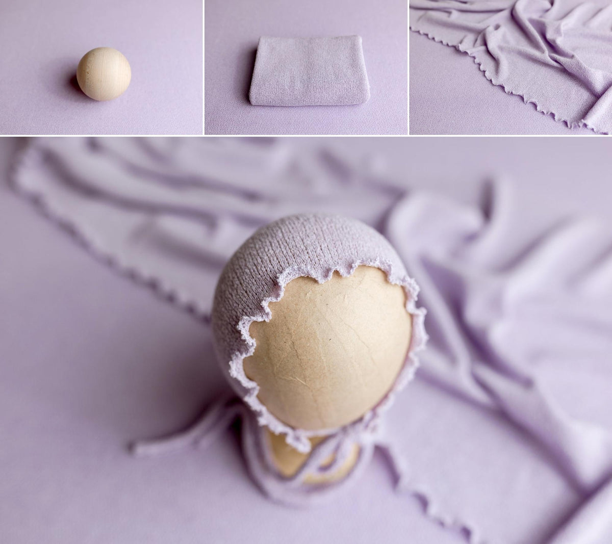 Wisteria purple newborn photography posing fabric, matching knit wrap, and ruffled bonnet set on a soft textured backdrop.