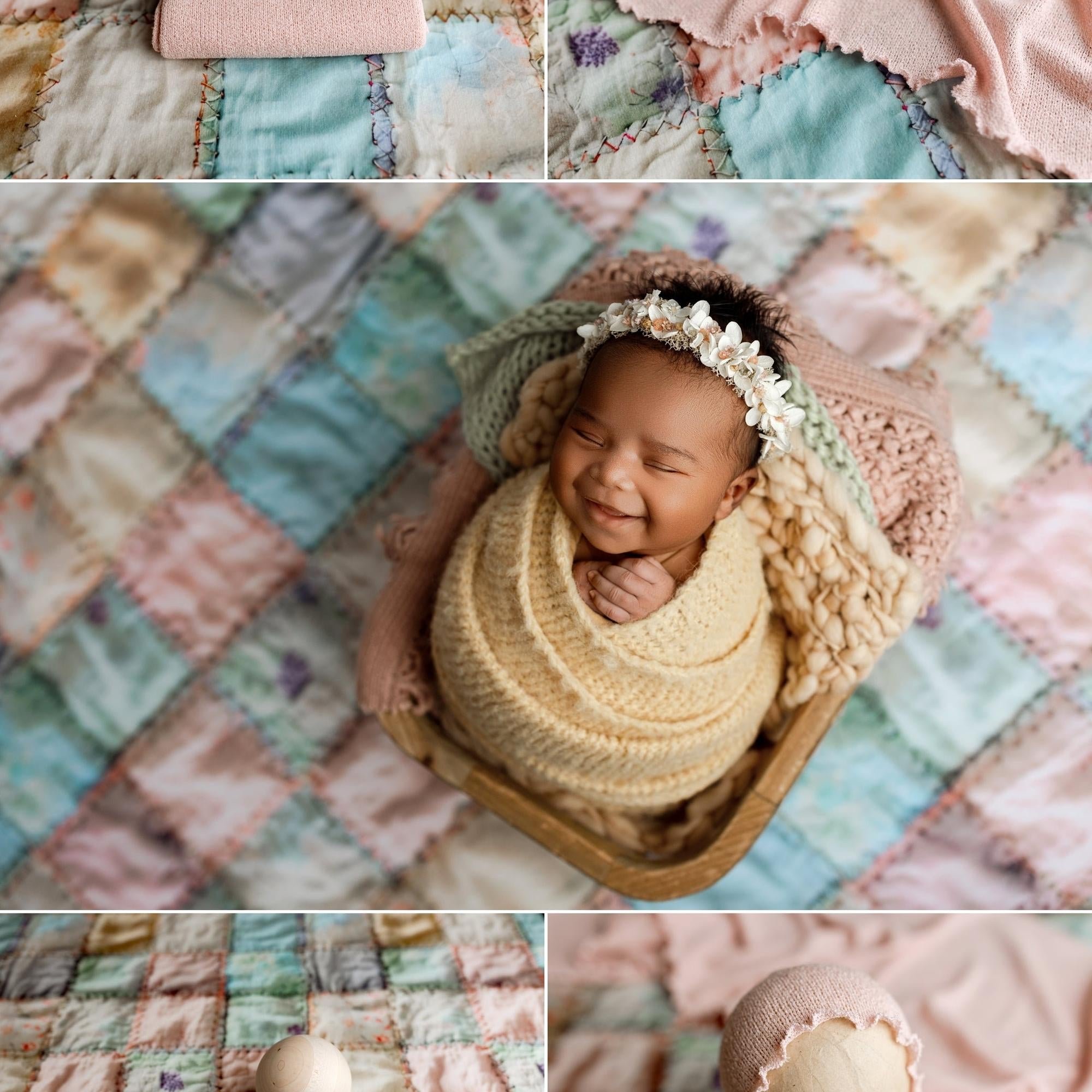 Pastel patchwork quilt photography backdrop featuring realistic stitching and muted blush, sage, and blue fabric squares.