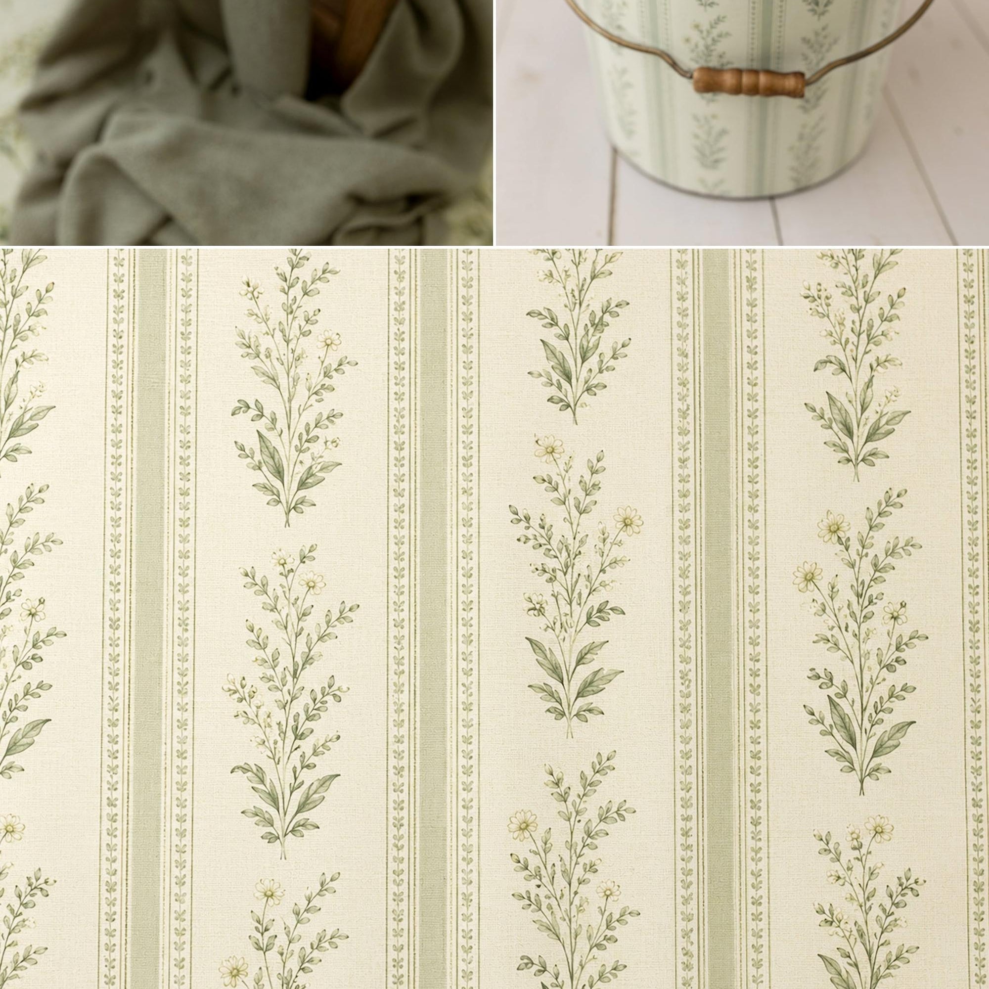A collage showing a rustic interior scene with a draped fabric chair and a metal bucket, alongside a close-up of a cream wallpaper pattern with vertical floral motifs and narrow stripes.