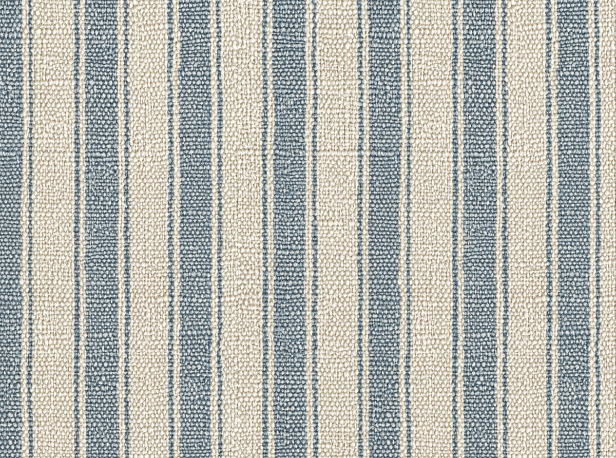 A close-up of a woven fabric with vertical stripes in slate blue and cream.