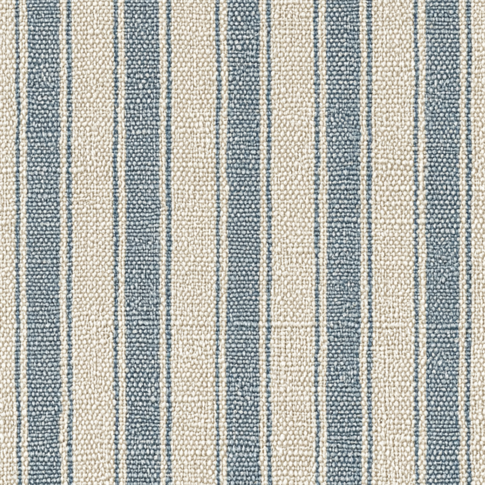 A close-up of a woven fabric texture with vertical stripes in muted blue-gray and warm off-white.