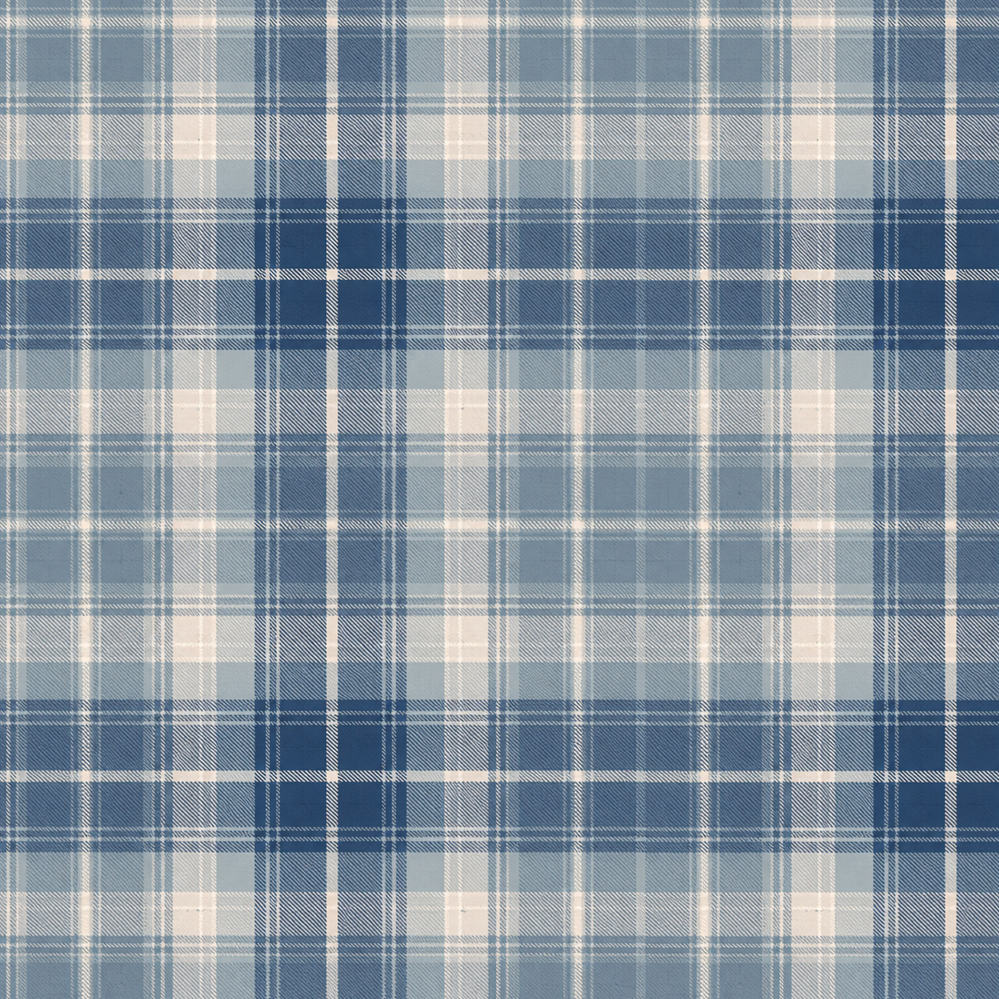 A repeating plaid pattern in shades of blue and off-white, with intersecting horizontal and vertical stripes forming a classic tartan design.
