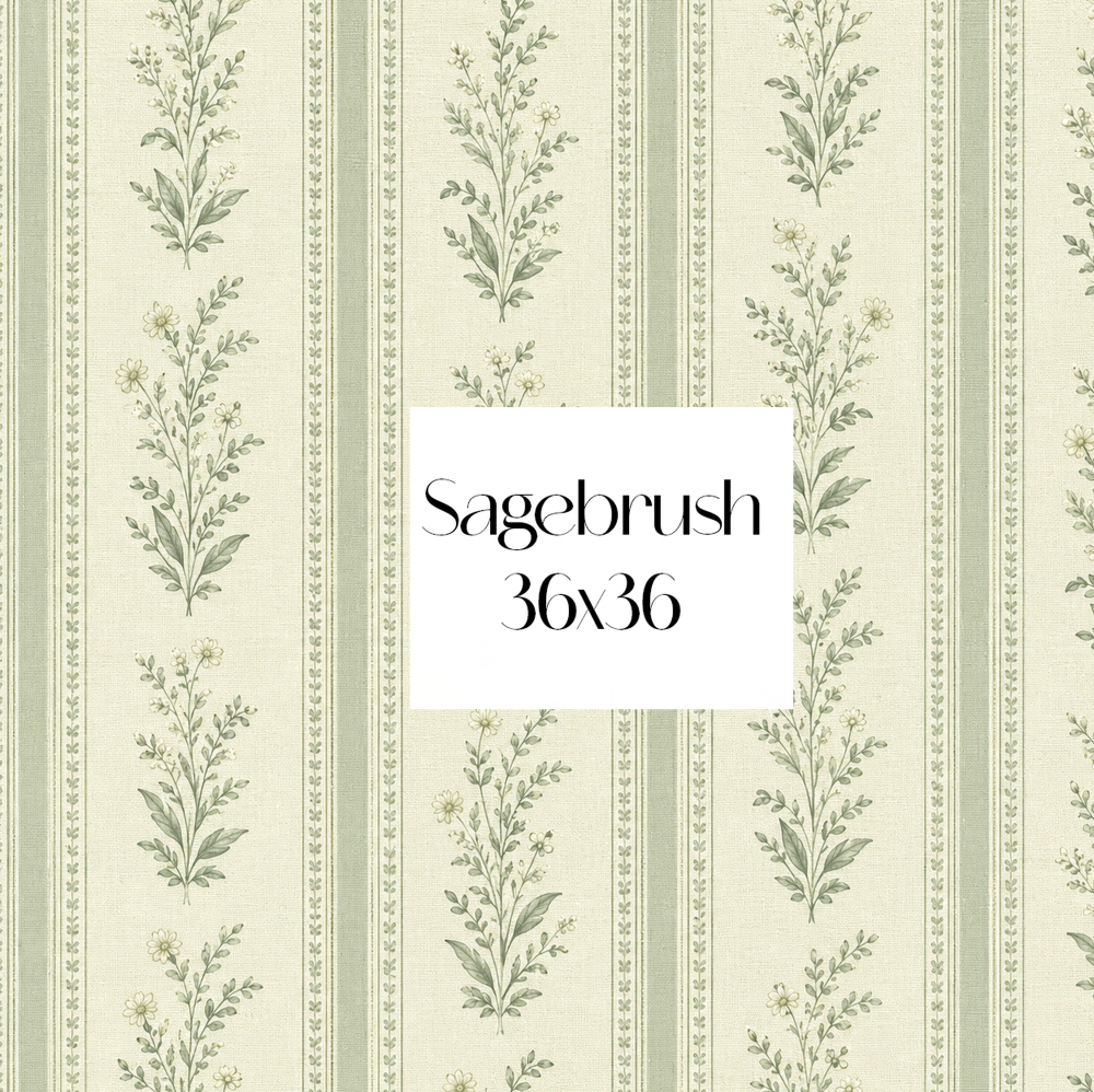 A repeating wallpaper or fabric pattern with vertical sage green botanical stems on a warm cream background, bordered by narrow striped panels. A centered white label reads “Sagebrush 36x36.