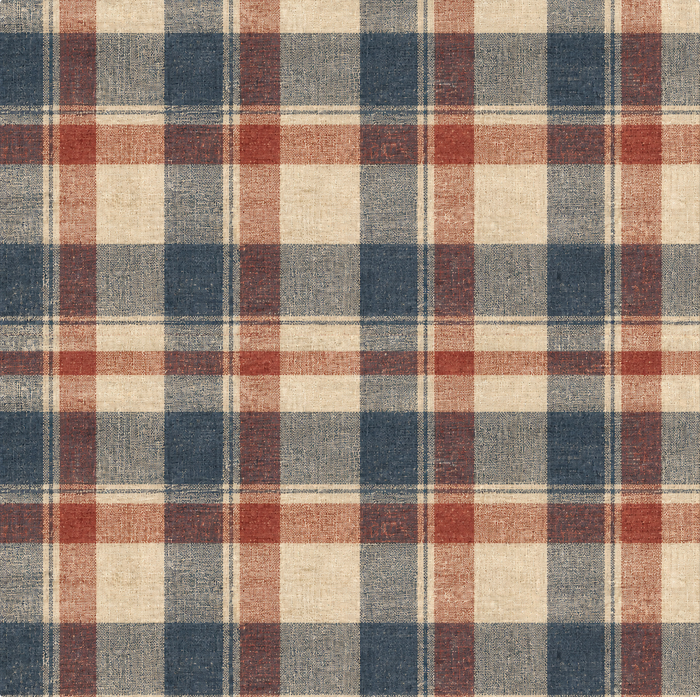A close-up of a plaid fabric pattern with a textured linen-like weave, featuring intersecting stripes in navy blue, rust red, and warm beige.