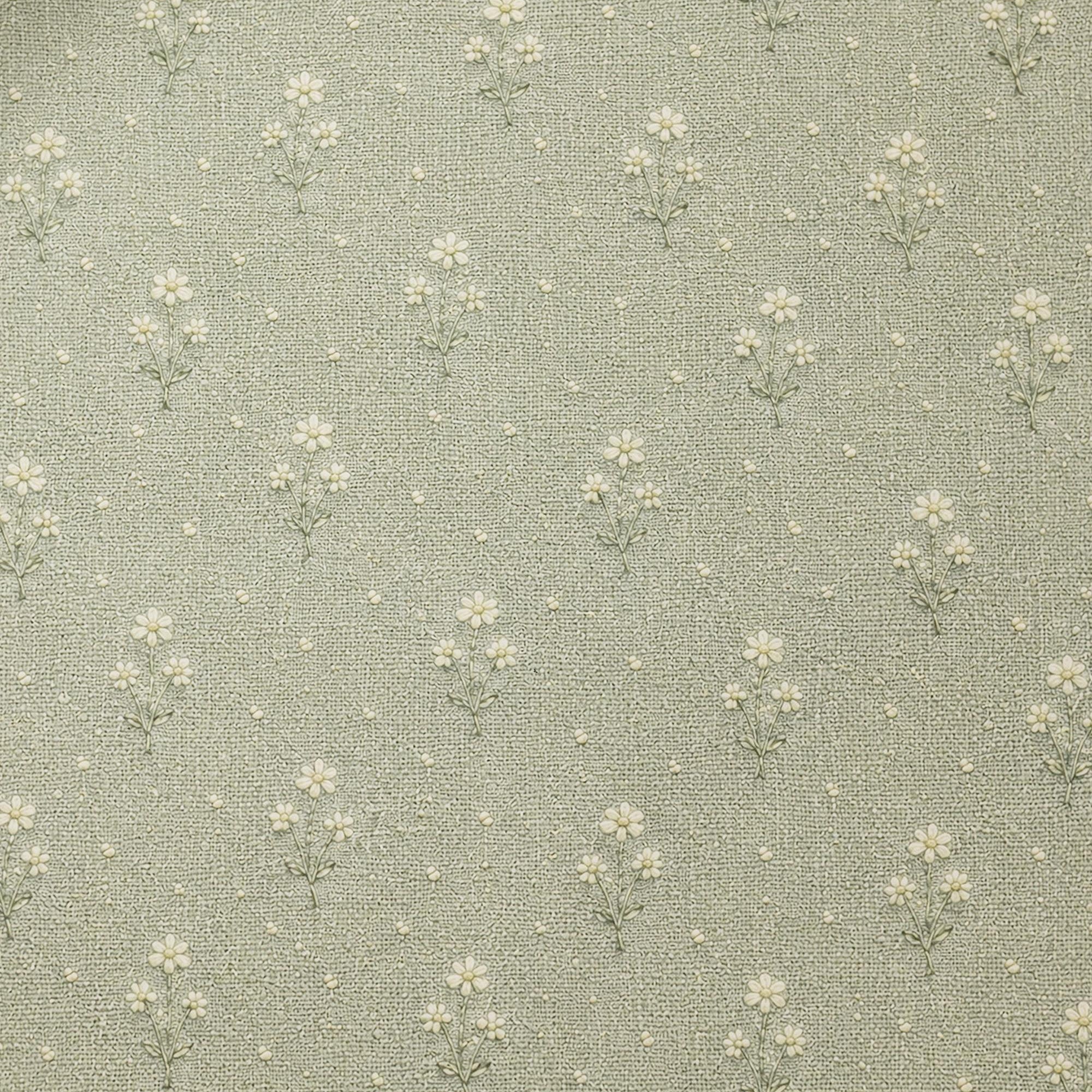 A close-up of a textured fabric featuring a repeating pattern of small white daisy-like flowers with green stems on a muted sage green background.