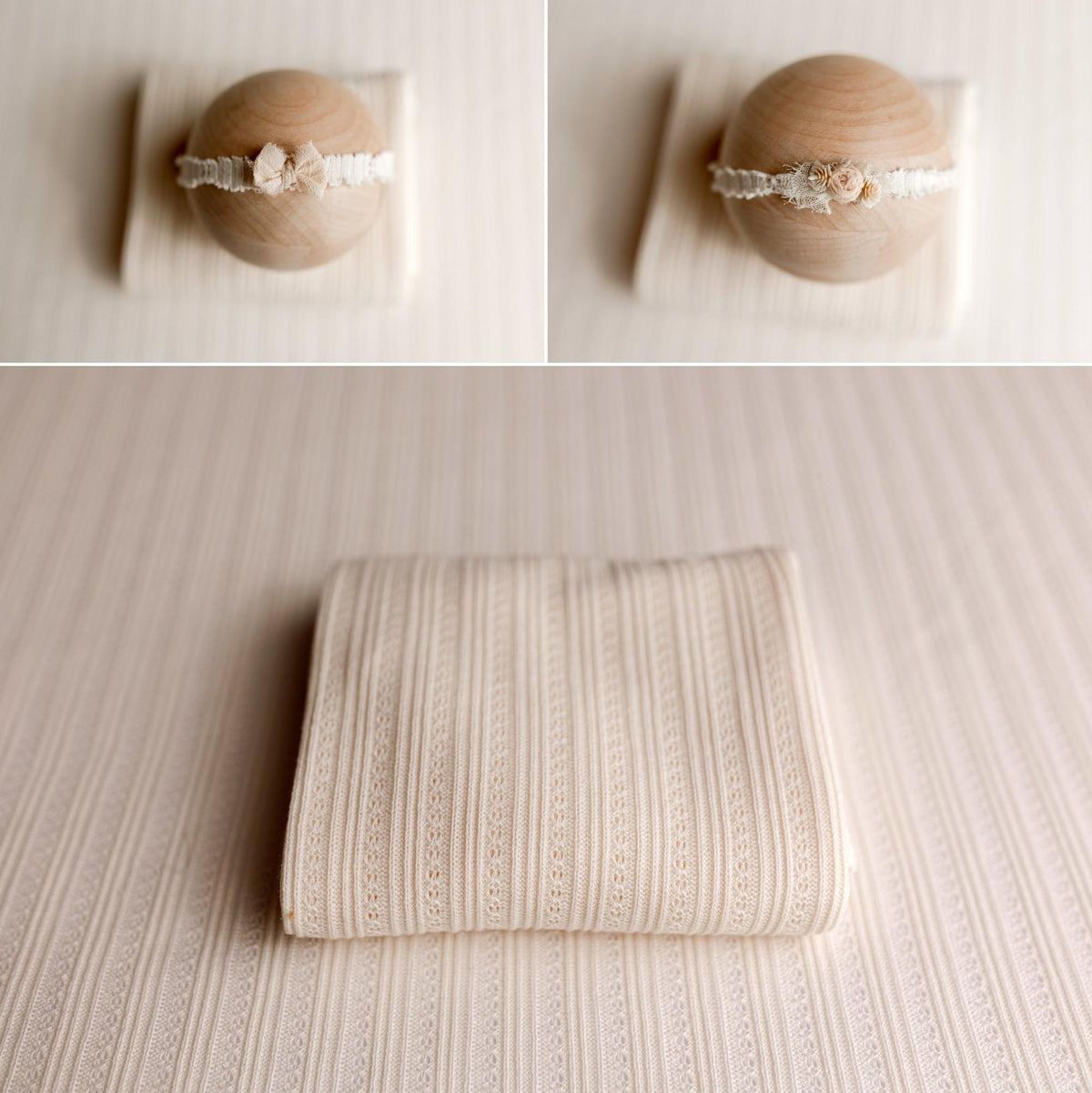 Creamy ivory ribbed newborn photography wrap and drop set with delicate openwork detail and matching floral headband.
