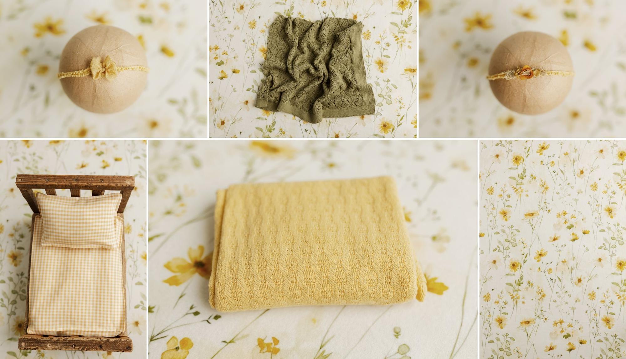 Andrena floral fabric backdrop with butter yellow knit wrap and coordinating newborn photography props.