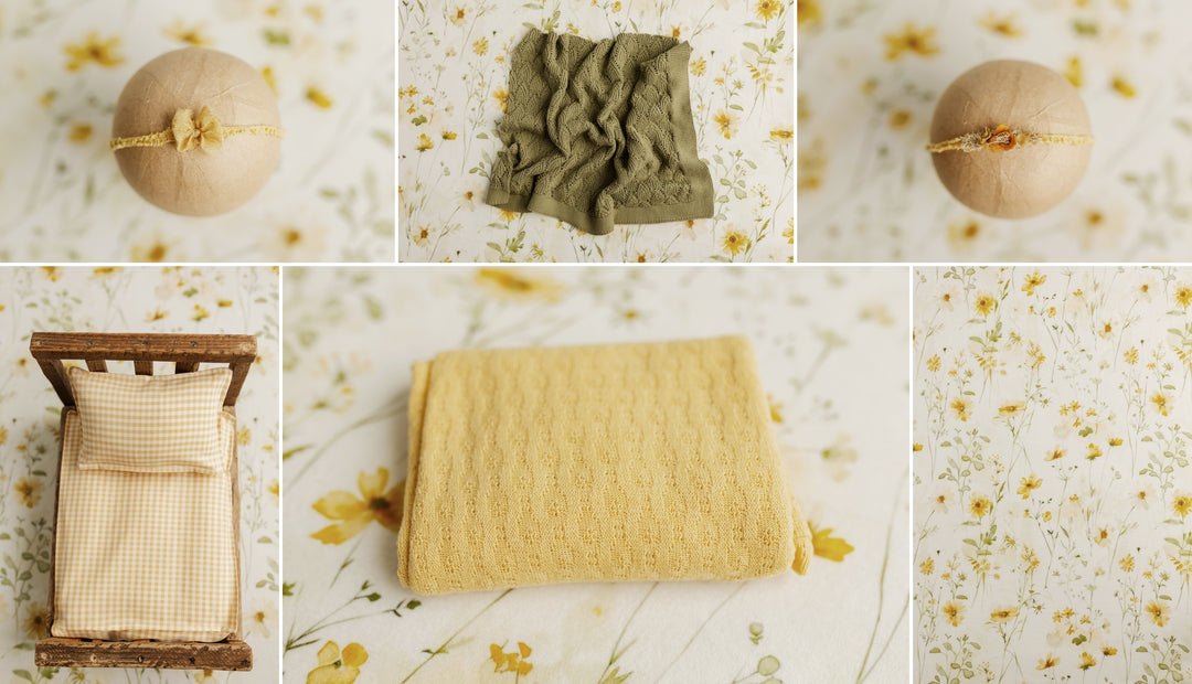 Andrena Floral Fabric Drop + Butter Yellow Knit Newborn Wrap Set