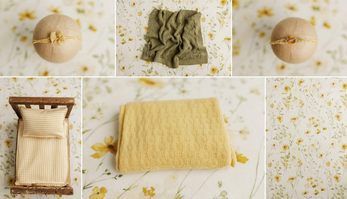 Andrena floral fabric backdrop with butter yellow knit wrap and coordinating newborn photography props.