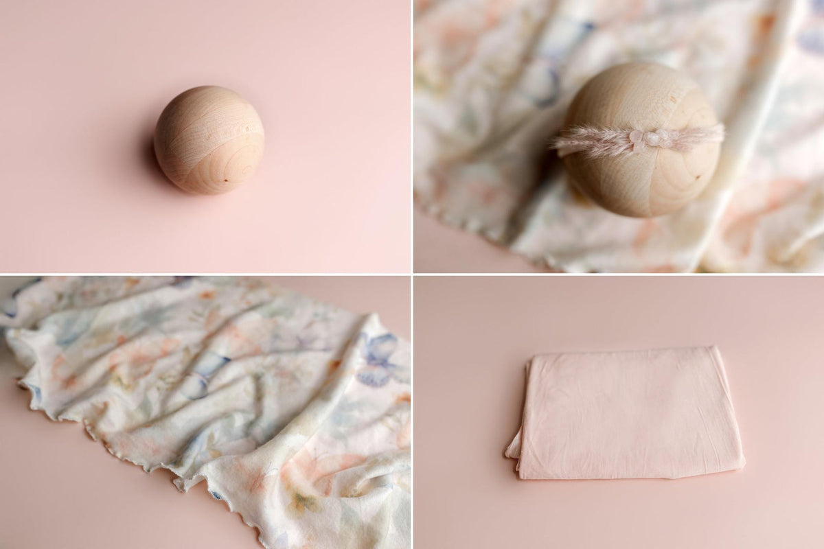 Blush pink newborn photography drop and wrap set with a floral butterfly print fabric and a matching delicate tieback.