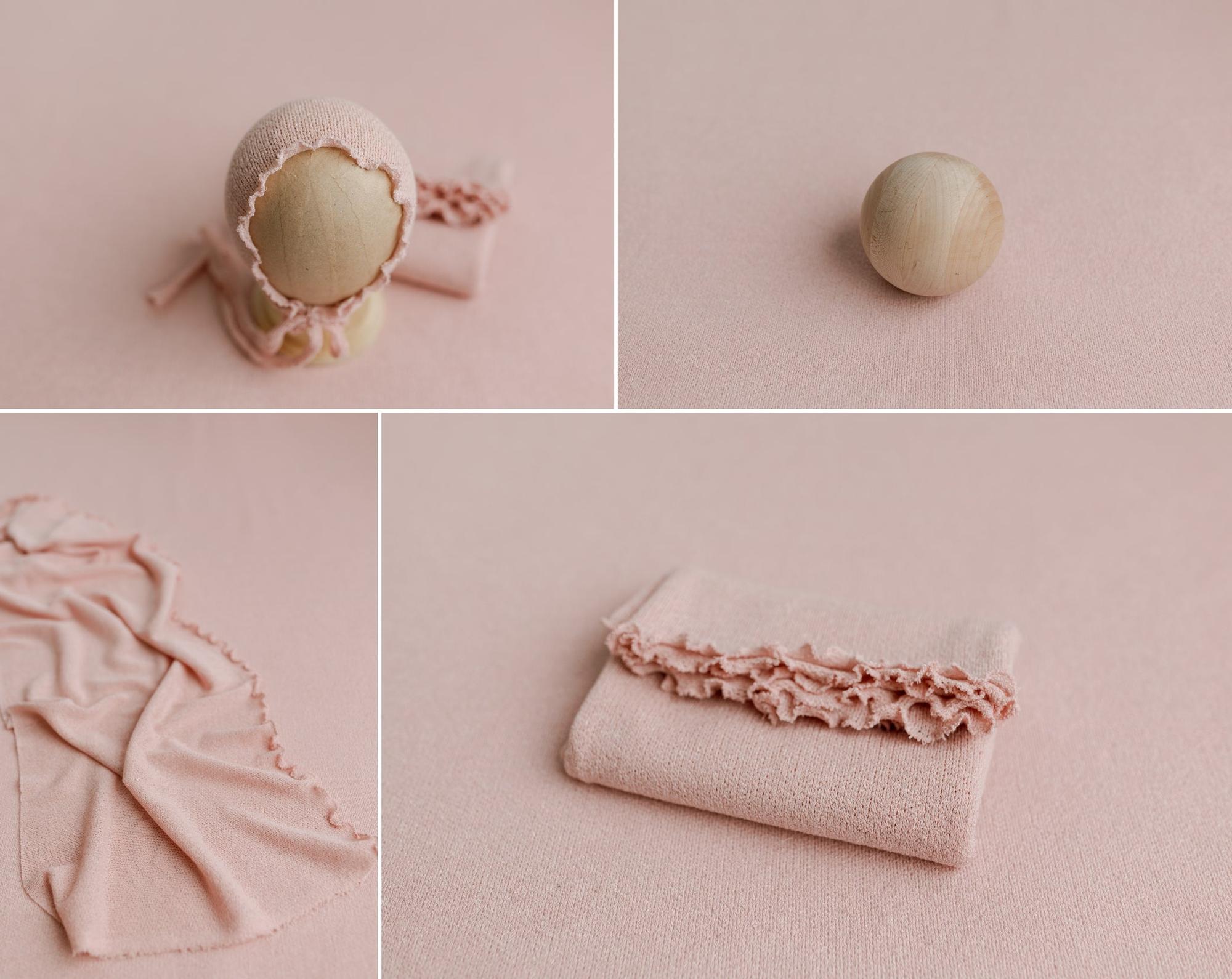 Carnation pink newborn photography wrap and bonnet set in soft, stretchy knit fabric with delicate ruffle edges.