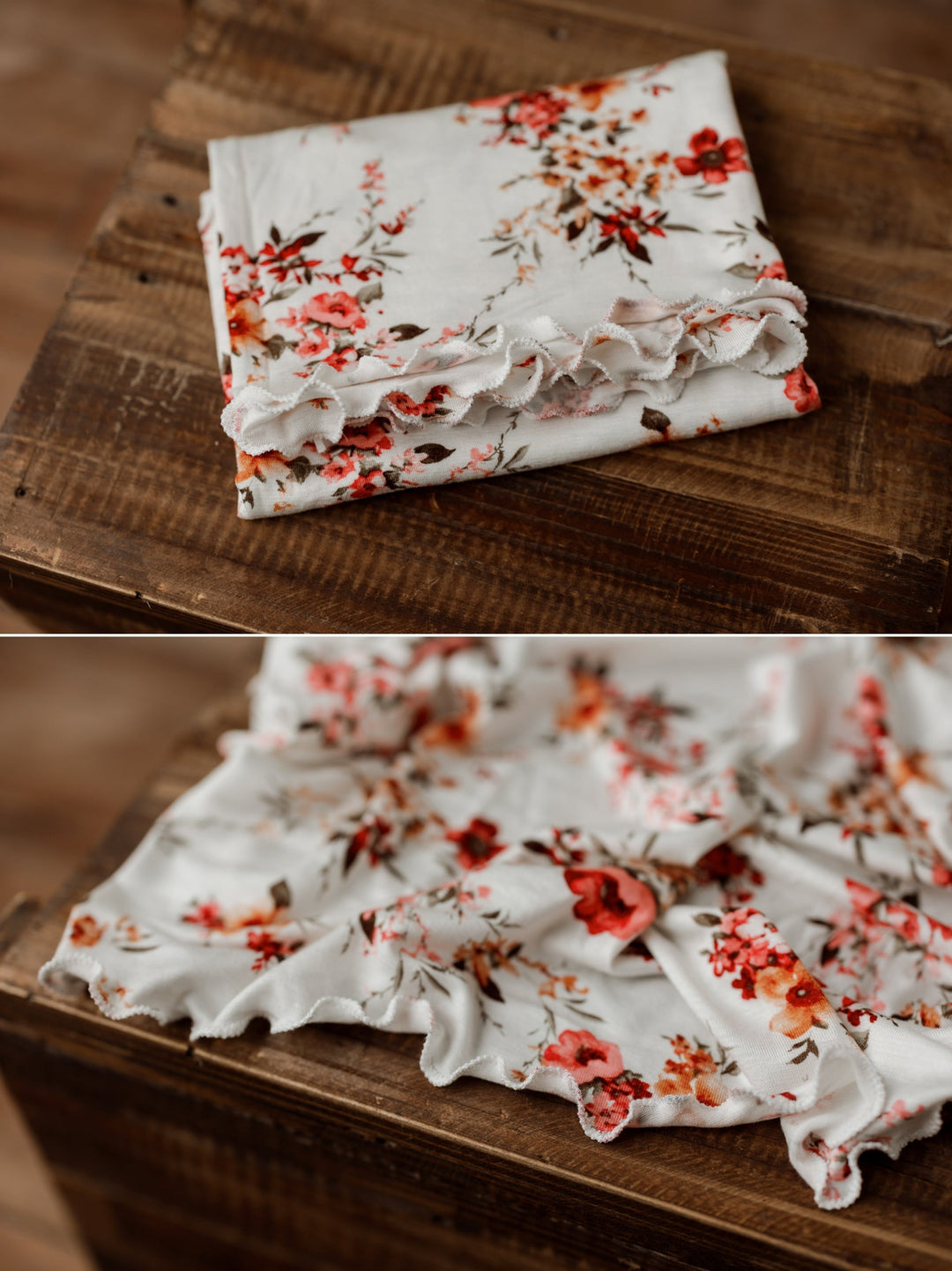 Cerise newborn ruffle wrap with bold red and coral florals on a white background, styled with delicate ruffled edges for photography props.