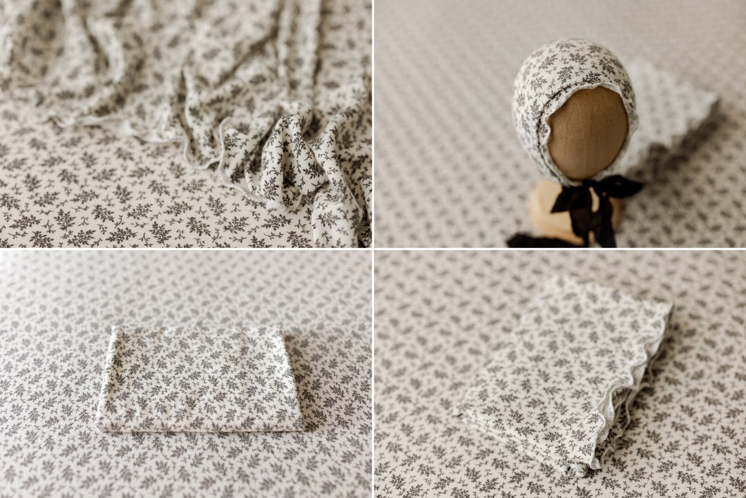 Charcoal and off-white floral newborn posing fabric with matching ruffle wrap for photography sessions
