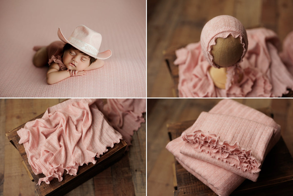 Baby pink newborn photography set featuring soft, stretchy knit posing fabric, a ruffled wrap, and a matching bonnet.