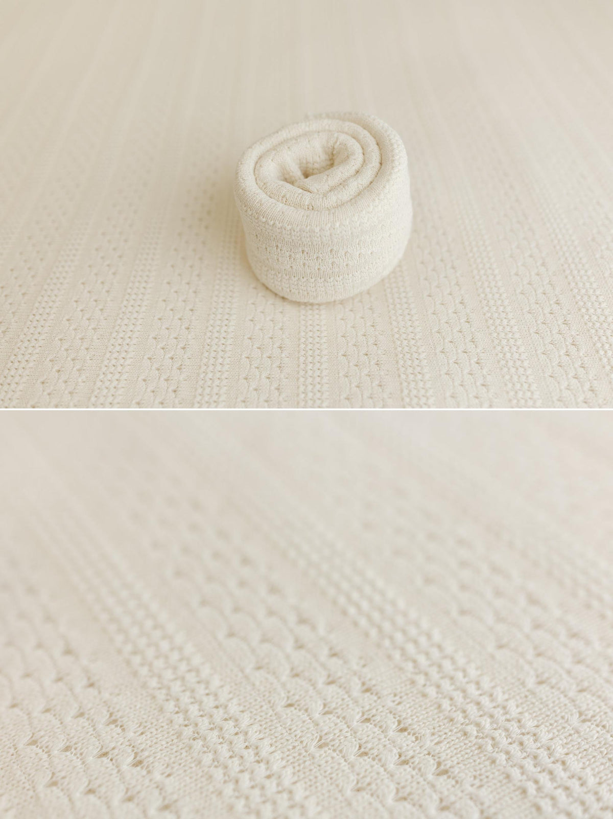 A close-up of a cream-colored knit fabric with a textured cable pattern, shown both as a rolled section and as a full fabric close-up.