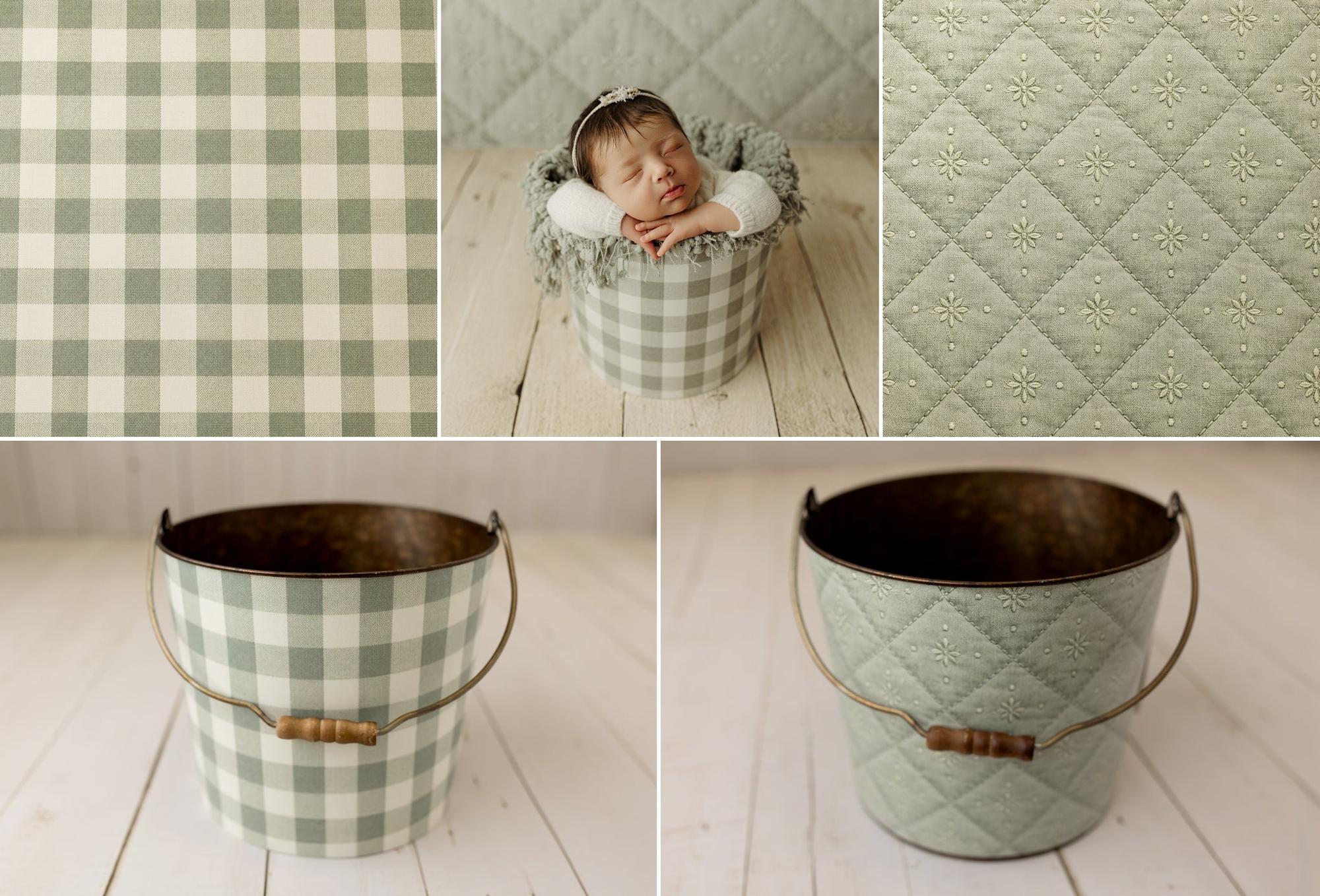 A baby photography prop set featuring a green and white gingham bucket with a wooden handle, a matching quilted fabric liner, and fabric swatches. The collage shows the bucket with a sleeping newborn baby inside, alongside close-ups of the gingham pattern and the quilted sage green texture.