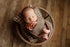 Newborn wrapped in the Nest | Coffee Bean wrap, holding a small felt football while posed on brown plaid pillow and sheet set.