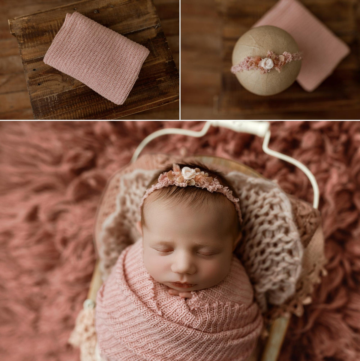 Soft pink strawberry milk newborn photography wrap with a textured, open-knit design and matching floral tieback.