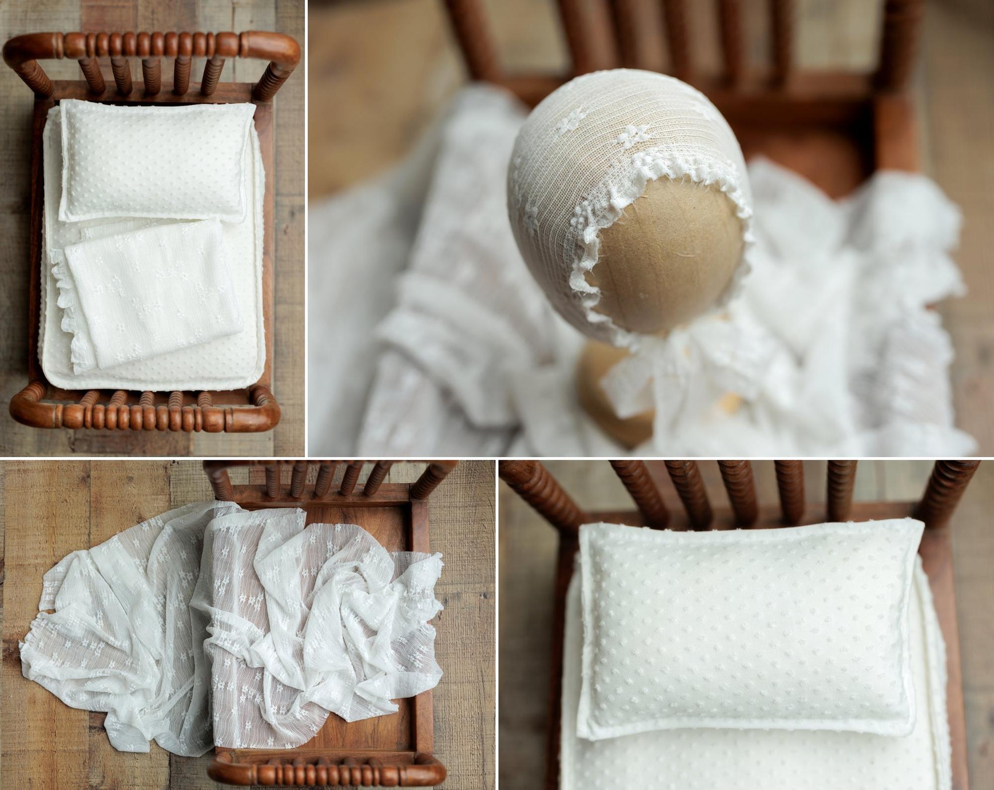 Ivory dobby cotton bedding set with dotted texture, including a pillow and sheet for newborn photography props.